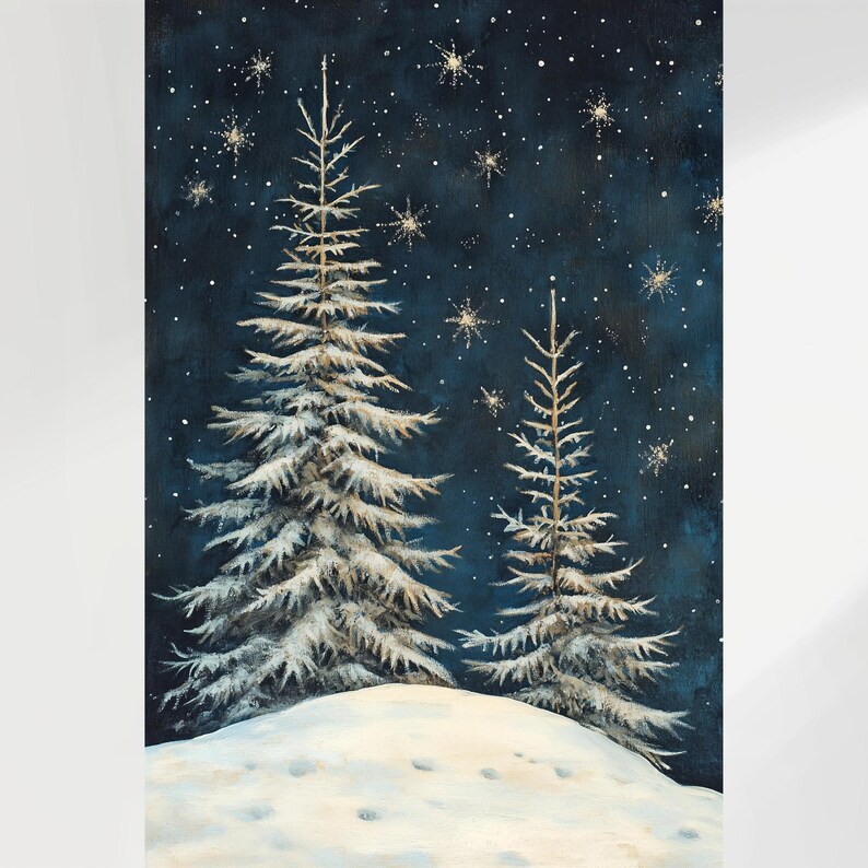 May include: Two snow-covered pine trees stand tall against a dark blue night sky dotted with white stars. The trees are silhouetted against the snowy landscape.