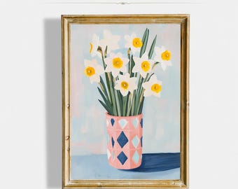 パステルカラーの水仙のプリント可能な壁アート、春の花の絵画、春の花柄ホームデコレーション、ヴィンテージの春の花の絵画、デジタルダウンロード