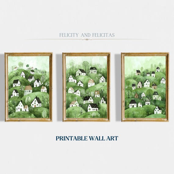 Cute Spring Village, Printable Wall Art Set of 3, St. Patrick's Day Art Set, Spring Wall Decorations, Lucky Clover Art, Digital Download