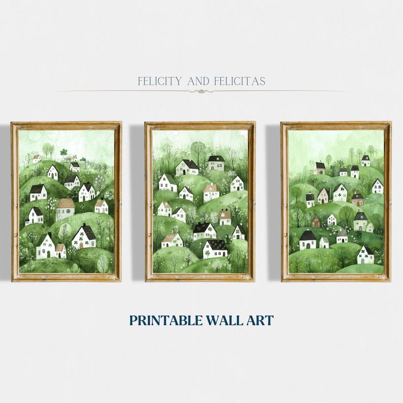 Może przedstawiać: Trzy oprawione akwarele przedstawiające zielone wzg&oacute;rze z białymi domami. Obrazy są zatytułowane "Felicity and Felicitas" oraz "Printable Wall Art".