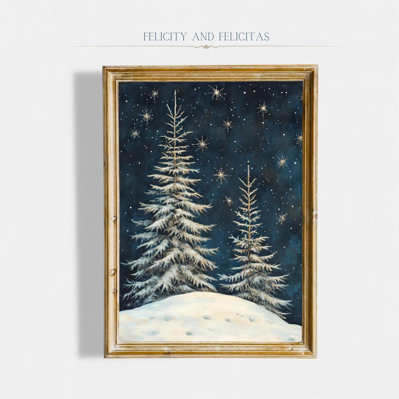 Winter Forest Printable Wall Art Navy Blue Christmas Wall Decor