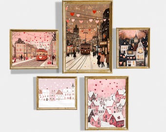 Set di 5 graziose tele da parete stampabili per San Valentino, tema retrò, amore, febbraio, decorazioni per la casa rosa per San Valentino, download digitale
