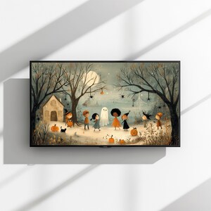 Vintage-style TV art featuring children trick-or-treating with a friendly ghost in a cozy Halloween scene, perfect for Samsung Frame TV fall decor.