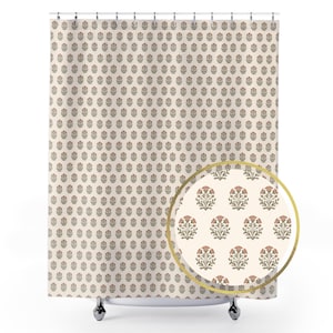 May include: A beige shower curtain with a repeating floral pattern in muted red and green. The design features small, stylized flower clusters. A circular inset shows a close-up of the floral pattern.