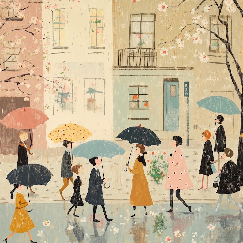 May include: A colorful illustration of people walking in the rain with umbrellas. The scene is set in a city with buildings and trees. The people are wearing colorful clothing and carrying umbrellas in various colors and patterns.