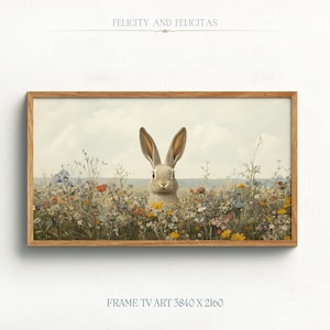 May include: A framed print of a white rabbit sitting in a field of colorful wildflowers. The rabbit is looking directly at the viewer. The print is titled "Felicity and Felicitas".