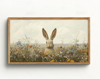 Cute Easter Bunny Samsung Frame TV Art Spring Easter Decoration Spring Wildflowers Painting Vintage Easter Art Digital Download