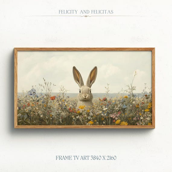 Cute Easter Bunny Samsung Frame TV Art Spring Easter Decoration Spring Wildflowers Painting Vintage Easter Art Digital Download