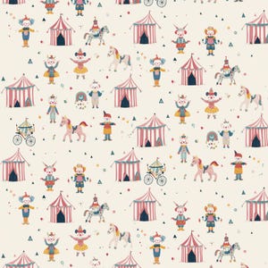 May include: A whimsical pattern featuring circus tents, clowns, horses, and bicycles in a repeating design. The illustrations are in shades of pink, blue, yellow, and red on a cream background. The overall theme is a playful circus.