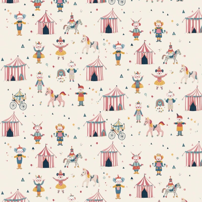May include: A whimsical pattern featuring circus tents, clowns, horses, and bicycles in a repeating design. The illustrations are in shades of pink, blue, yellow, and red on a cream background. The overall theme is a playful circus.