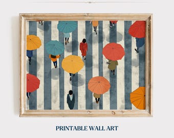 Abstrakte Stadt Regenschirm Druckbare Kunst, Trendige Regen Kunstwerk, Abstrakte Wohnkultur, Regentag Stadtbild Leinwand, Digitaler Download