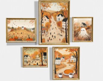 Speelse herfstdecoratieset van 5 afbeeldingen: Herfstdorpje, printbare decoratie, leuke muurposter, ideaal voor de oogsttijd, pompoen en spookje in de woonkamer.