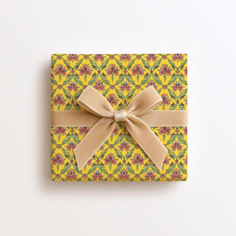 Vintage Chic Iris Pattern Wrapping Paper Yellow Retro Floral Gift Wrap Roll Feminine Birthday Present Packaging image 10