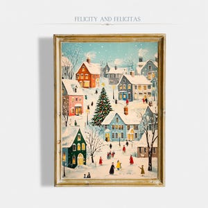 Retro Winter Village Poster Printable Whimsical Pastel Christmas Wall Art Snowy Town Artwork for Cute Noel House Decor Idea Digital Download