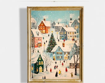 Può includere: Un'illustrazione di biglietto di Natale vintage di un villaggio innevato con case colorate, un grande albero di Natale e persone che camminano nella neve. Il biglietto ha una cornice dorata e il testo "FELICITY AND FELICITAS" in alto.