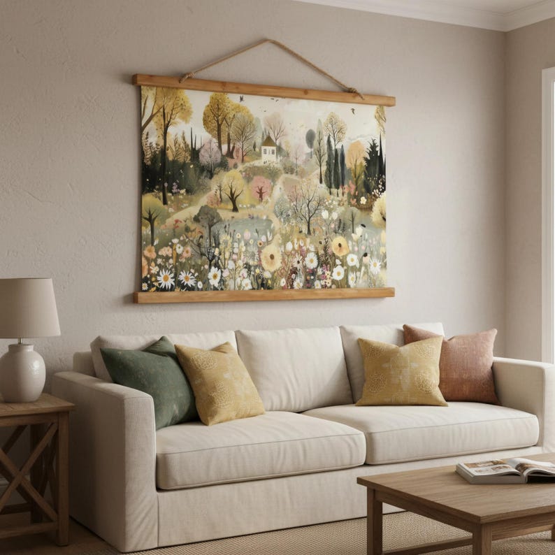 May include: A landscape tapestry with a wooden frame and hanging rope. The artwork depicts a serene scene of a field of flowers, trees, and a small house. The color palette includes greens, yellows, and browns. The tapestry hangs above a white sofa with colorful pillows.