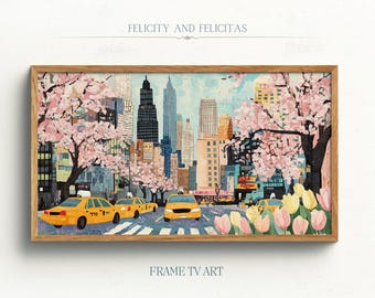 Abstract New York Samsung Frame TV Art Colorful Whimsical Metropolis TV Digital Painting Cityscape Cherry Blossom Pink Tone TV Screensaver