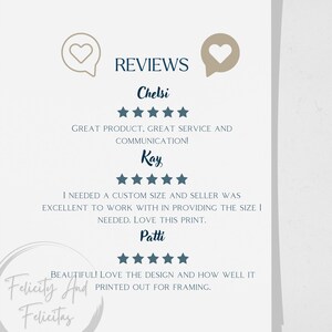 May include: A print displaying customer reviews with star ratings. The text includes the names Chelsi, Kay, and Patti, along with their comments about the product and service. The logo "Felicity And Felicitas" is also visible.