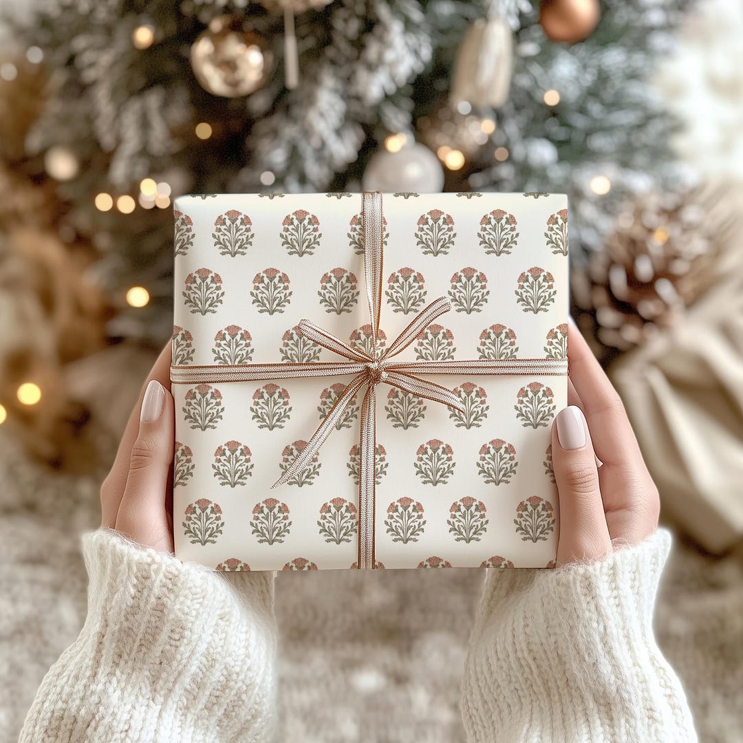 Vintage Floral Pattern Wrapping Paper Neutral Tone Elegant Block Print ...
