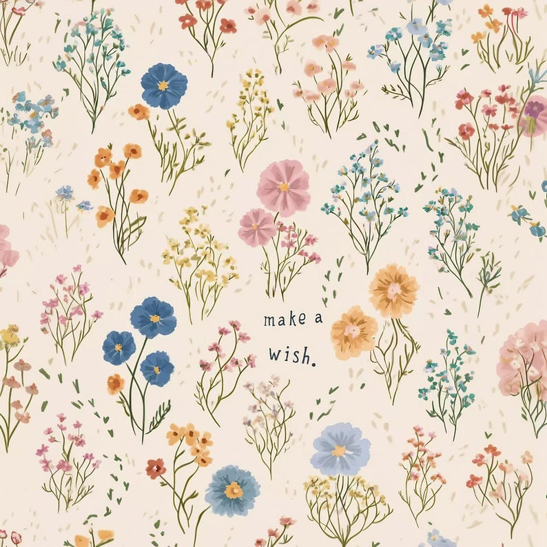 May include: A repeating floral pattern with wildflowers in blue, orange, pink, and yellow on a cream backdrop. The words "make a wish" are written in black script. Ideal for fabric or wallpaper designs.