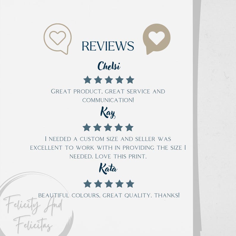 May include: A digital graphic displaying customer reviews with the heading REVIEWS and two heart-shaped speech bubble icons. Three testimonials are listed from Chelsi, Kay, and Kata, each accompanied by five dark blue stars and written feedback.