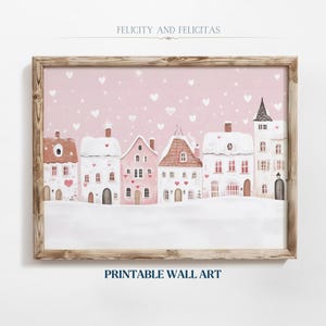 Printable Cute Valentines Day Wall Art, Pink Valentine Village Art, Valentines Day Painting, Romantic Valentine Canvas, Digital Download