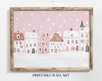 Printable Cute Valentines Day Wall Art Pink Valentine Village Art Valentines Day Painting Romantic Valentine Canvas Digital Download