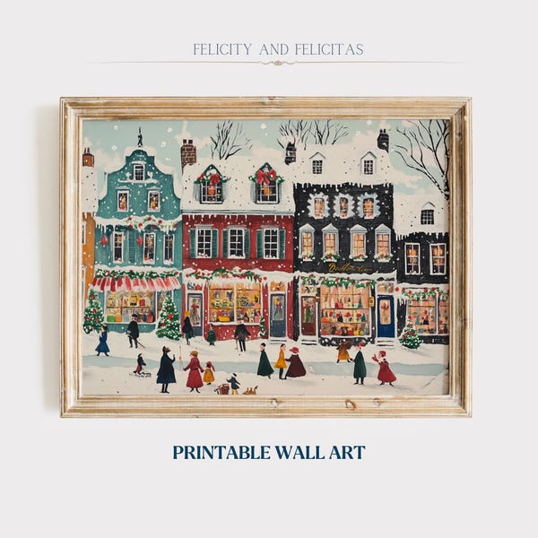 Retro Snowy Town Christmas Art: Winter Farmhouse Print (Digital Download)