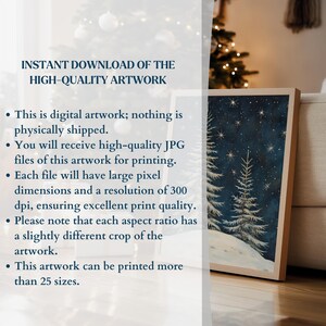 May include: A digital download of a watercolor painting of two pine trees in a snowy forest under a starry night sky. The painting is framed and displayed on a wall.