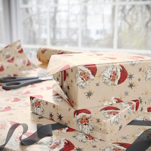 Festive vintage Santa Claus gift wrap for traditional Christmas presents and seasonal packaging.