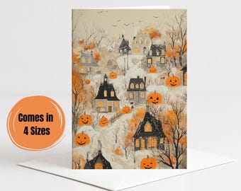 印刷可能なハロウィンカード：不気味な村のイラスト（デジタルダウンロード、A2/A6/A7/ポストカードサイズ）