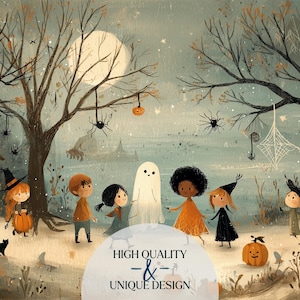 Autumn holiday TV decor showcasing a vintage trick-or-treat illustration with kids and a ghost, designed as a cozy Halloween screensaver.