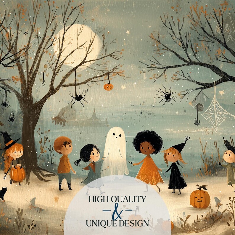 Autumn holiday TV decor showcasing a vintage trick-or-treat illustration with kids and a ghost, designed as a cozy Halloween screensaver.