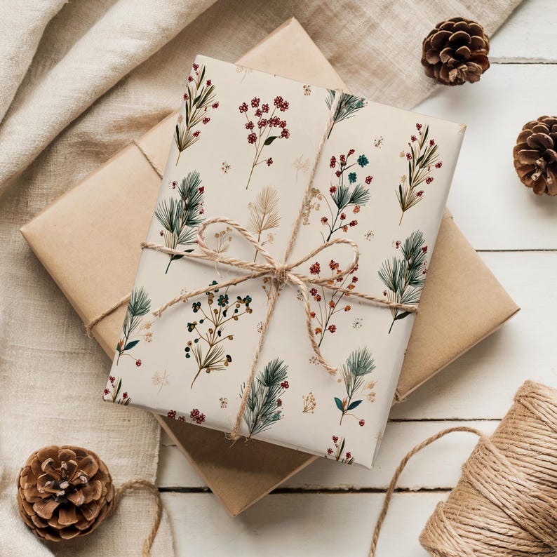 Botanical Christmas wrapping paper featuring tree branch and herbarium, dried plants patterns for neutral winter holiday gift wrap and packaging