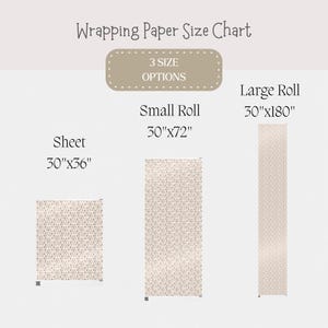 May include: Wrapping paper size chart showing three size options: sheet (30"x36"), small roll (30"x72"), and large roll (30"x180"). The chart has a neutral color palette and includes the text "Wrapping Paper Size Chart".