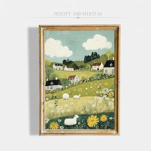Spring Lamb Printable Wall Art, Cute Spring Landscape Painting, Spring Farmhouse Decor, Whimsical Spring Meadow Print, Digital Download