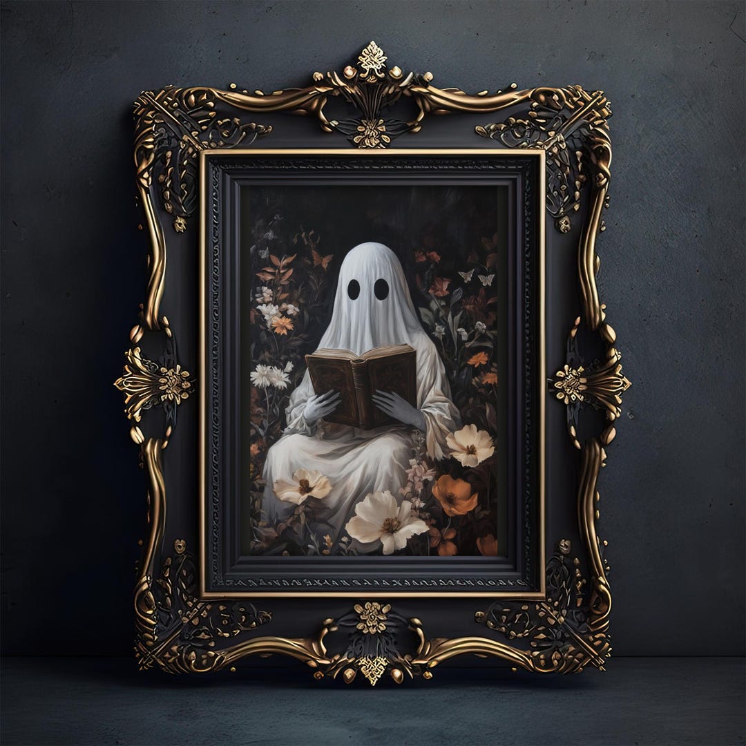 Cute Ghost Book Reading Wall Art, Digital Halloween Cottagecore Decor ...