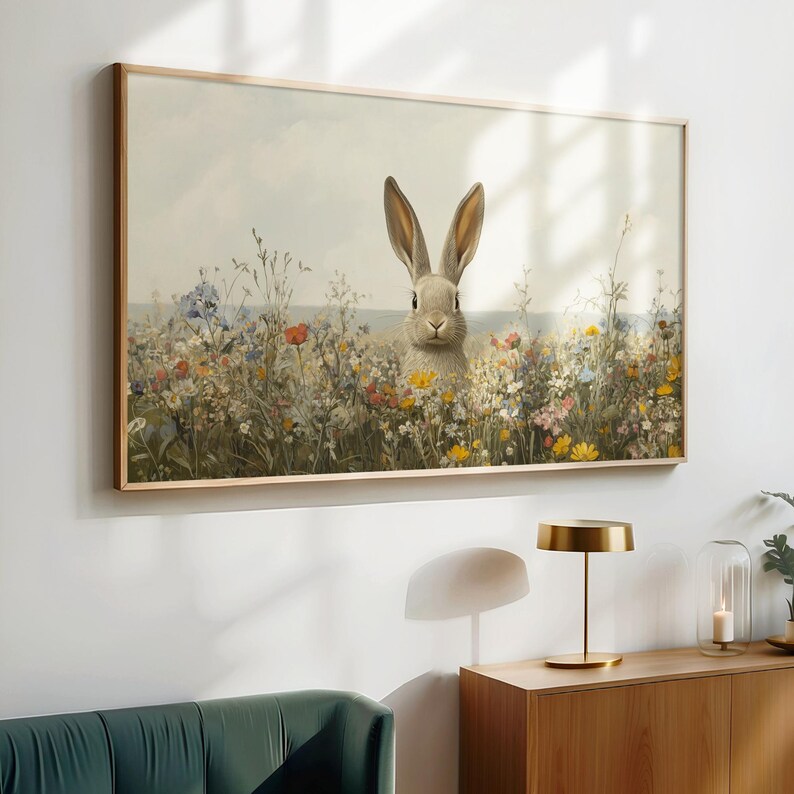 K&ouml;nnte beinhalten: Ein gerahmtes Gem&auml;lde eines Kaninchens, das in einem Feld voller Wildblumen sitzt. Das Kaninchen schaut den Betrachter mit einem neugierigen Ausdruck direkt an. Die Blumen sind in den Farben Rosa, Lila, Gelb und Wei&szlig; gehalten.