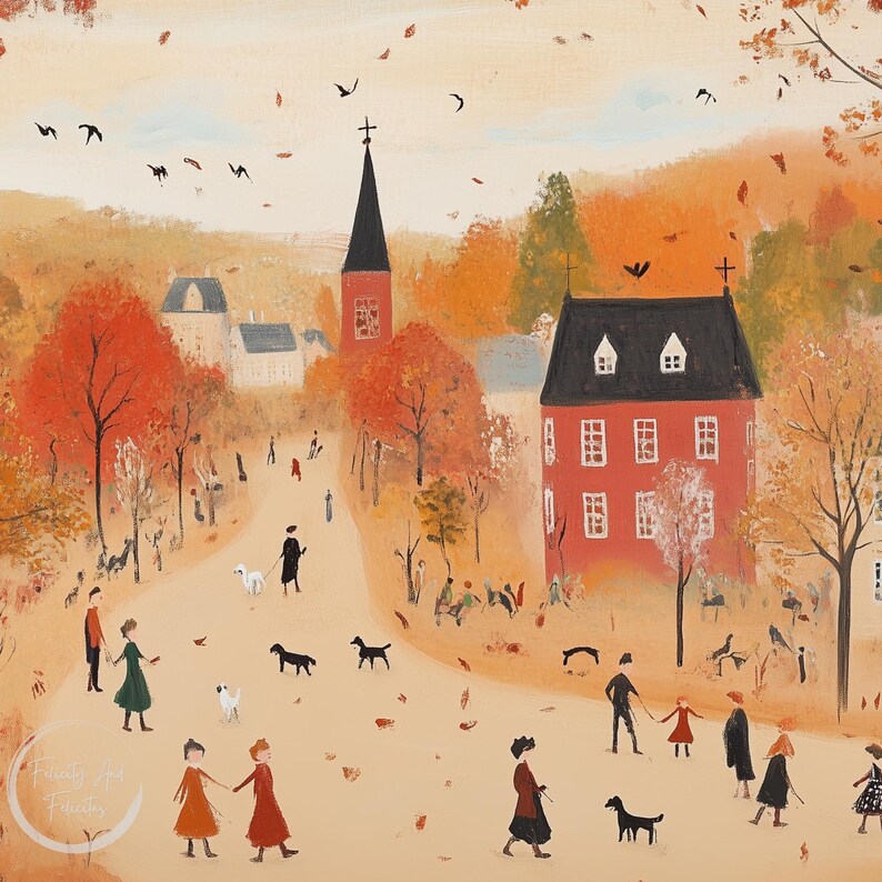 K&ouml;nnte beinhalten: Ein Gem&auml;lde, das eine kleine Stadt im Herbst zeigt. Die Szene zeigt ein rotes Backsteingeb&auml;ude mit einem schwarzen Dach, eine Kirche mit einem hohen Kirchturm und einen von B&auml;umen ges&auml;umten Weg. Menschen gehen auf dem Weg entlang, und es gibt Hunde und V&ouml;gel in der Szene.