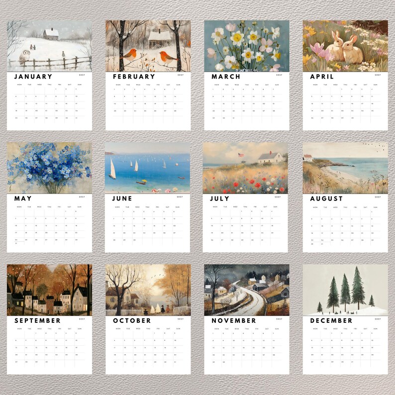 May include: A 2024 wall calendar featuring twelve monthly pages, each displaying a unique seasonal watercolor illustration above a grid of dates. The artwork depicts various landscapes, animals, and floral scenes corresponding to the months of the year.
