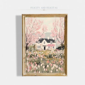 Rosa Frühlings-Cottage-Wandbild mit Kirschblütenmotiv zum Ausdrucken, Frühlingsdeko für Zuhause, verspielter Druck, digitaler Download