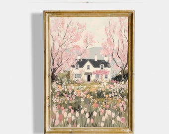 Pink Spring Cottage Printable Wall Art Spring Cherry Blossom Painting, Spring Home Decor, Cute Whimsy Print, Digital Download