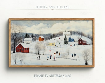 May include: A framed winter landscape painting with a wooden frame. The artwork depicts a snowy village scene with people skiing and walking. The text "FELICITY AND FELICITAS" is at the top, and "FRAME TV ART 3840 X 2160" is at the bottom.