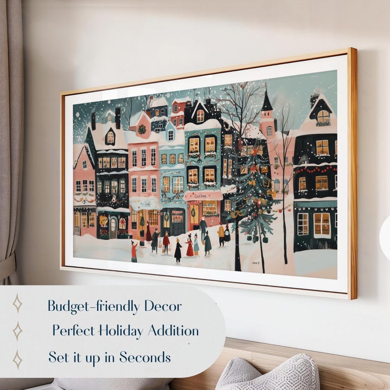 Whimsy winter village digital TV painting in retro style, perfect for festive home decor and holiday screensaver.