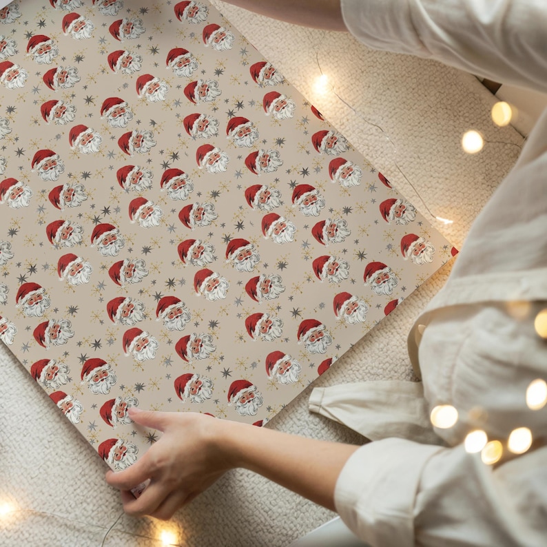 Classic Christmas wrapping paper with Santa Claus motif, perfect for holiday gifts in sheet or roll format