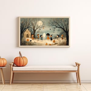 Moody fall aesthetic artwork showing trick-or-treaters and a cheerful ghost in a retro-inspired Halloween design for home TV decor.