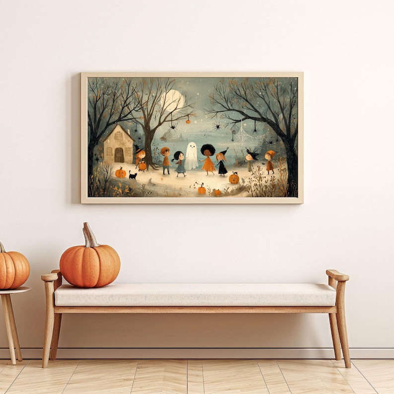 Moody fall aesthetic artwork showing trick-or-treaters and a cheerful ghost in a retro-inspired Halloween design for home TV decor.