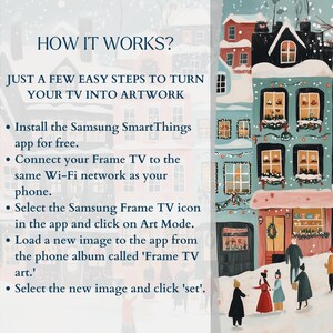 K&ouml;nnte beinhalten: Eine illustrierte Anleitung mit dem Titel &bdquo;WIE ES FUNKTIONIERT?&ldquo; zeigt, wie man einen Fernseher in ein Kunstwerk verwandelt. Die Schritte umfassen die Installation der Samsung SmartThings-App, die Verbindung mit Wi-Fi, die Auswahl des Frame TV-Symbols, das Laden eines Bildes und die Einstellung. Der Hintergrund zeigt eine Winterdorf-Szene.