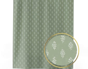 Sage Shower Curtain Block Print Inspired Green Patterned Bathroom Curtain
