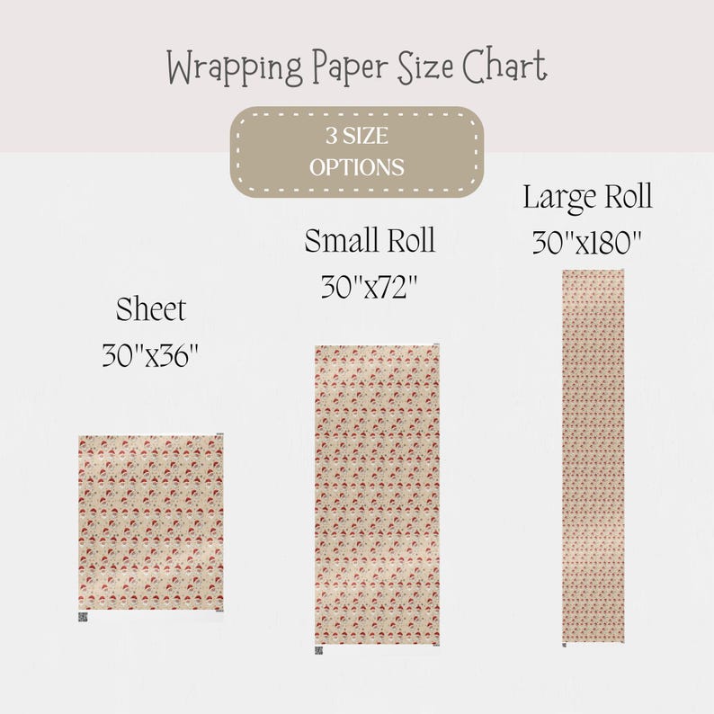 Op de afbeelding: Een overzicht van cadeaupapierformaten. Het toont een vel (76 cm x 91 cm), een kleine rol (76 cm x 183 cm) en een grote rol (76 cm x 457 cm). Het papier heeft een beige achtergrond met een herhalend patroon van rode en witte vormen.